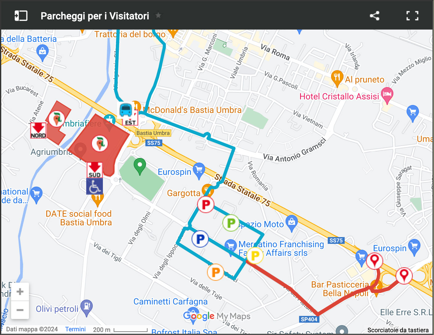 Mappa parcheggi e navetta per i visitatori di Agriumbria - Umbriafiere Bastia Umbra